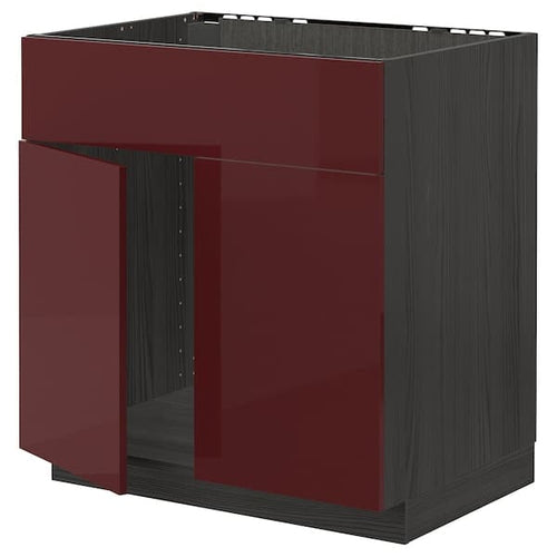 METOD - Base cabinet f sink w 2 doors/front, black Kallarp/high-gloss dark red-brown, 80x60 cm