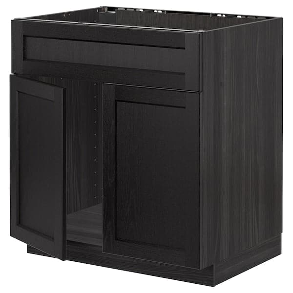 METOD base cabinet f sink w 2 doors/front, black/Lerhyttan black stained, 80x60 cm
