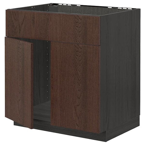 METOD - Base cabinet f sink w 2 doors/front, black/Sinarp brown , 80x60 cm