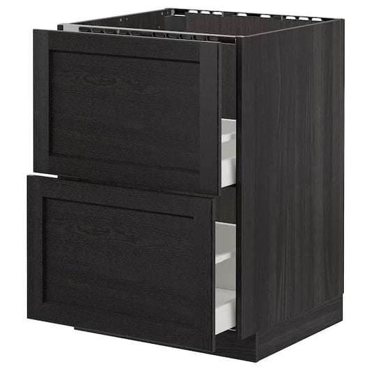 Ikea METOD - Base cab f sink+2 fronts/2 drawers, black/Lerhyttan black stained, 60x60 cm