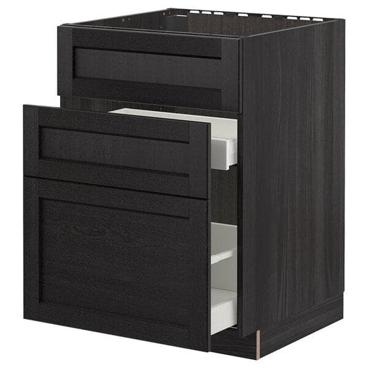 Ikea METOD - Base cab f sink+3 fronts/2 drawers, black/Lerhyttan black stained, 60x60 cm
