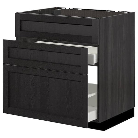 Ikea METOD - Base cab f sink+3 fronts/2 drawers, black/Lerhyttan black stained, 80x60 cm