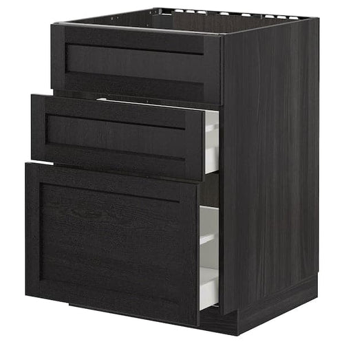 METOD - Base cab f sink+3 fronts/2 drawers, black/Lerhyttan black stained, 60x60 cm