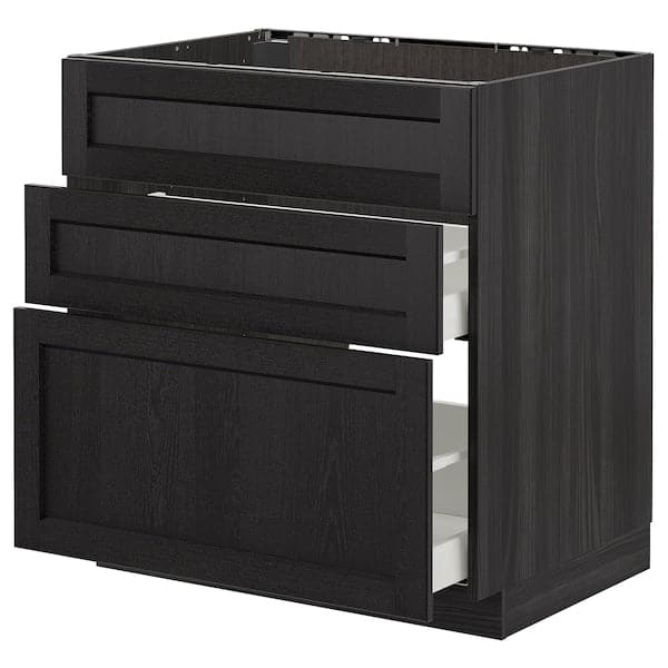 Ikea METOD - Base cab f sink+3 fronts/2 drawers, black/Lerhyttan black stained, 80x60 cm