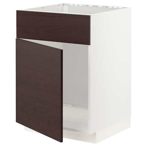 METOD - Base cabinet f sink w door/front, white Askersund/dark brown ash effect, 60x60 cm
