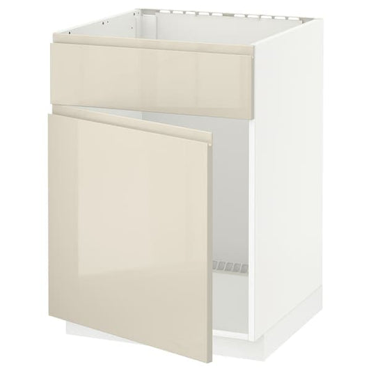 METOD - Base cabinet f sink w door/front, white/Voxtorp high-gloss light beige, 60x60 cm - best price from Maltashopper.com 19458659
