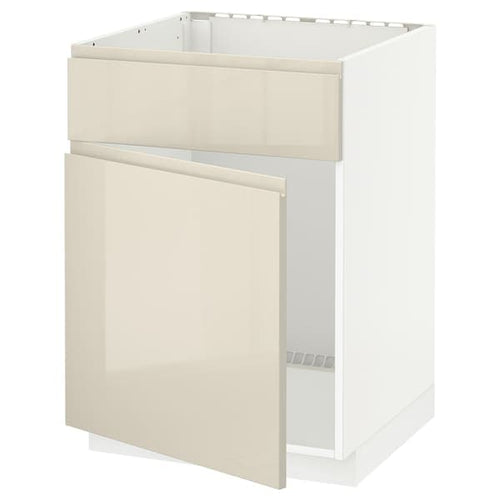 METOD - Base cabinet f sink w door/front, white/Voxtorp high-gloss light beige, 60x60 cm