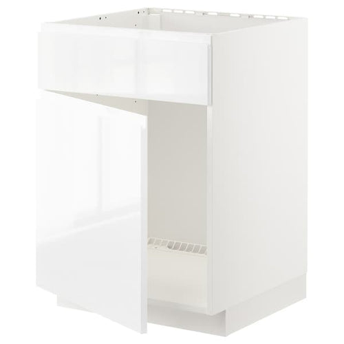 METOD - Base cabinet f sink w door/front, white/Voxtorp high-gloss/white, 60x60 cm