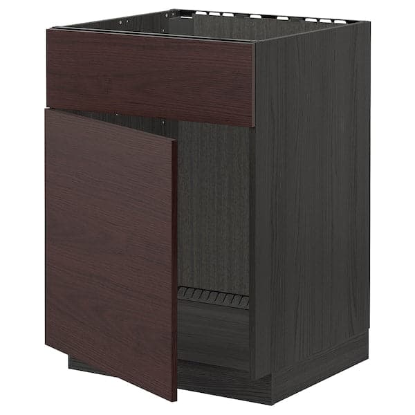 METOD - Base cabinet f sink w door/front, black Askersund/dark brown ash effect, 60x60 cm - best price from Maltashopper.com 29468865