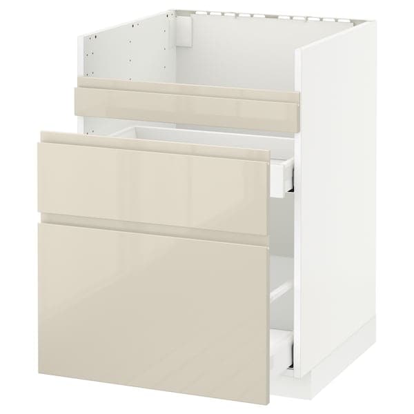 Ikea METOD - Base cb f HAVSEN snk/3 frnts/2 drws, white Maximera/Voxtorp high-gloss light beige , 60x60 cm
