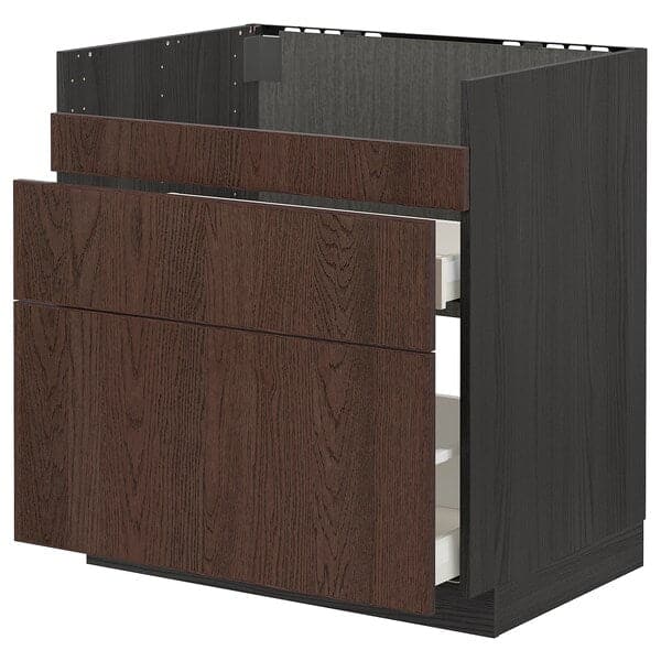 Ikea METOD - Base cb f HAVSEN snk/3 frnts/2 drws, black/Sinarp brown , 80x60 cm