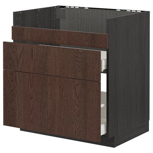 Ikea METOD - Base cb f HAVSEN snk/3 frnts/2 drws, black/Sinarp brown , 80x60 cm