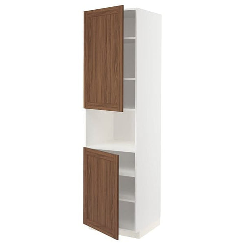 METOD - High cab f micro w 2 doors/shelves, white Enköping/brown walnut effect, 60x60x220 cm