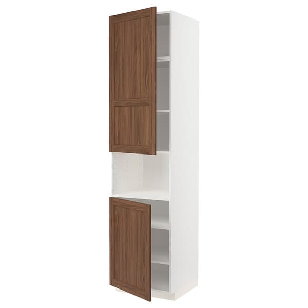 METOD - High cab f micro w 2 doors/shelves, white Enköping/brown walnut effect, 60x60x240 cm