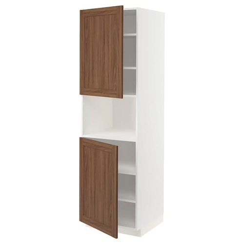 METOD - High cab f micro w 2 doors/shelves, white Enköping/brown walnut effect, 60x60x200 cm