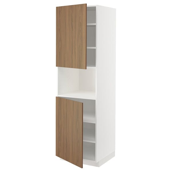 Ikea METOD - High cab f micro w 2 doors/shelves, white/Tistorp brown walnut effect, 60x60x200 cm