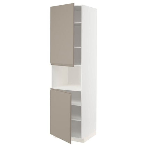 METOD high cab f micro w 2 doors/shelves, white/Upplöv matt dark beige, 60x60x220 cm
