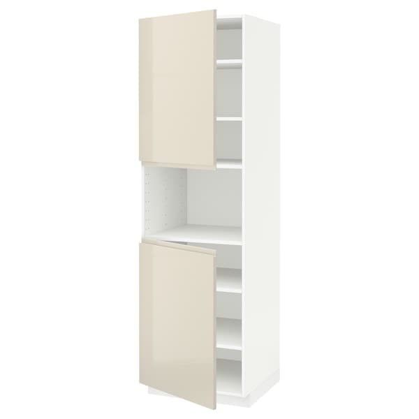 METOD - High cab f micro w 2 doors/shelves, white/Voxtorp high-gloss light beige, 60x60x200 cm