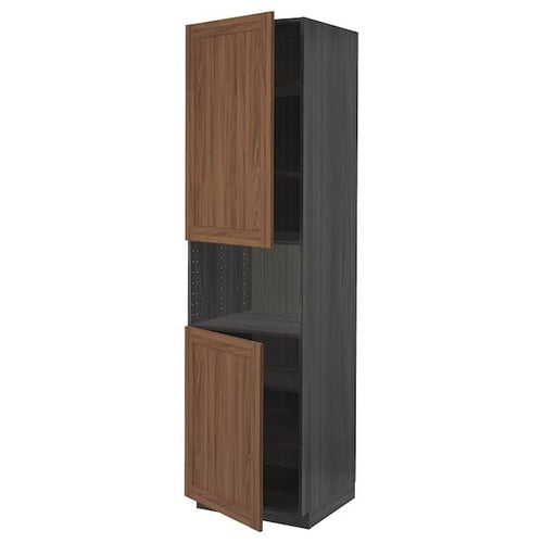 METOD - High cab f micro w 2 doors/shelves, black Enköping/brown walnut effect, 60x60x220 cm