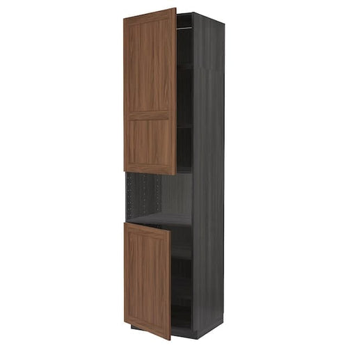 METOD - High cab f micro w 2 doors/shelves, black Enköping/brown walnut effect, 60x60x240 cm