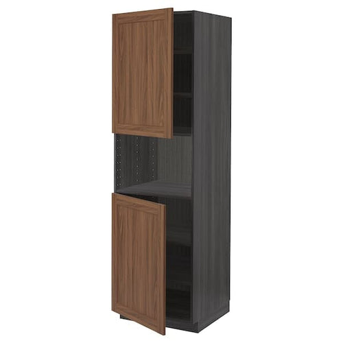 METOD - High cab f micro w 2 doors/shelves, black Enköping/brown walnut effect, 60x60x200 cm