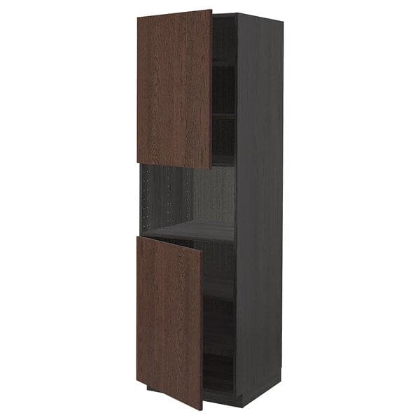 Ikea METOD - High cab f micro w 2 doors/shelves, black/Sinarp brown , 60x60x200 cm