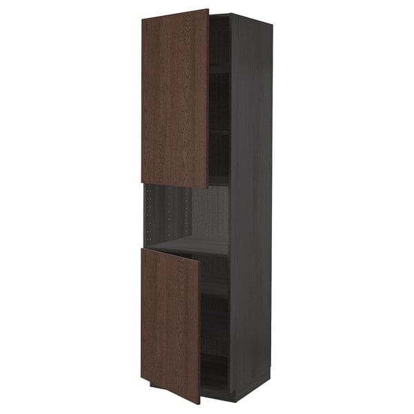 Ikea METOD - High cab f micro w 2 doors/shelves, black/Sinarp brown, 60x60x220 cm
