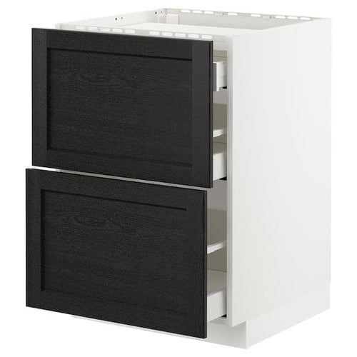 METOD - Base cab f hob/2 fronts/3 drawers, white/Lerhyttan black stained , 60x60 cm