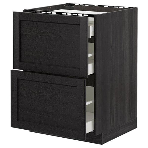 METOD - Base cab f hob/2 fronts/3 drawers, black/Lerhyttan black stained , 60x60 cm