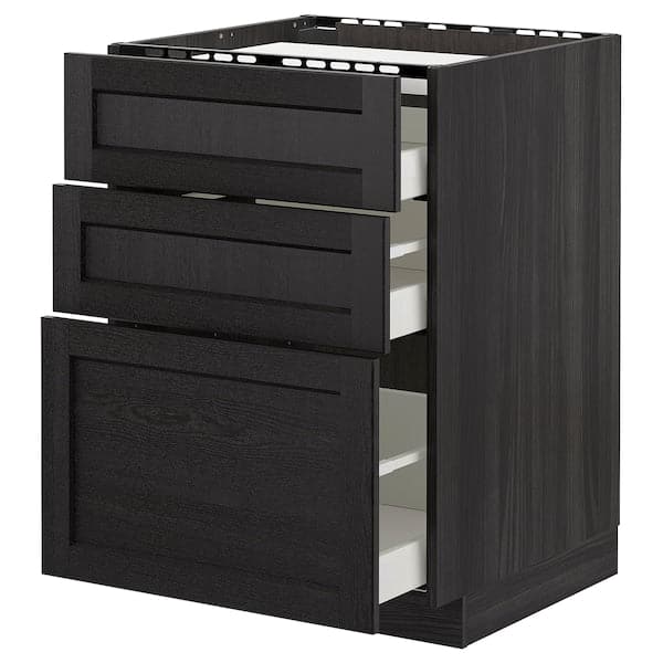 METOD - Base cab f hob/3 fronts/3 drawers, black/Lerhyttan black stained, 60x60 cm - best price from Maltashopper.com 89260141