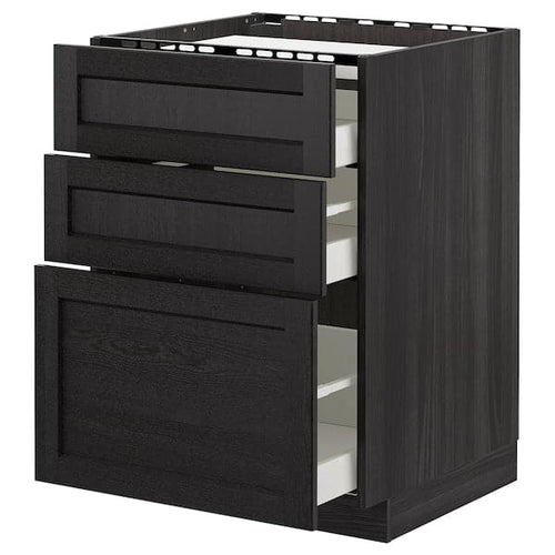 METOD - Base cab f hob/3 fronts/3 drawers, black/Lerhyttan black stained, 60x60 cm
