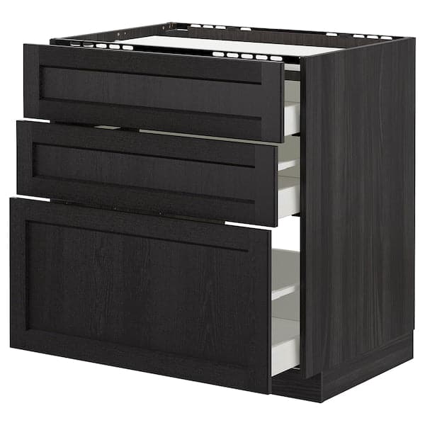 METOD - Base cab f hob/3 fronts/3 drawers, black/Lerhyttan black stained, 80x60 cm