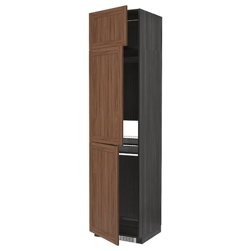 METOD - High cab f fridge/freezer w 3 doors, black Enköping/brown walnut effect, 60x60x240 cm