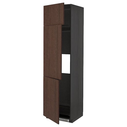METOD - High cab f fridge/freezer w 3 doors, black/Sinarp brown, 60x60x220 cm