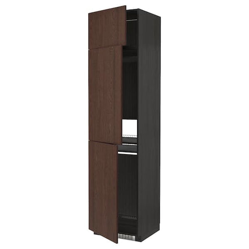 METOD - High cab f fridge/freezer w 3 doors, black/Sinarp brown, 60x60x240 cm