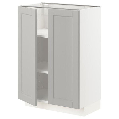 METOD base cabinet with shelves/2 doors, white/Lerhyttan light grey, 60x37 cm