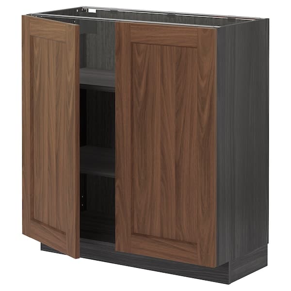 METOD - Base cabinet with shelves/2 doors, black Enköping/brown walnut effect, 80x37 cm - best price from Maltashopper.com 29476304