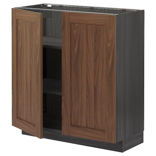 METOD - Base cabinet with shelves/2 doors, black Enköping/brown walnut effect, 80x37 cm