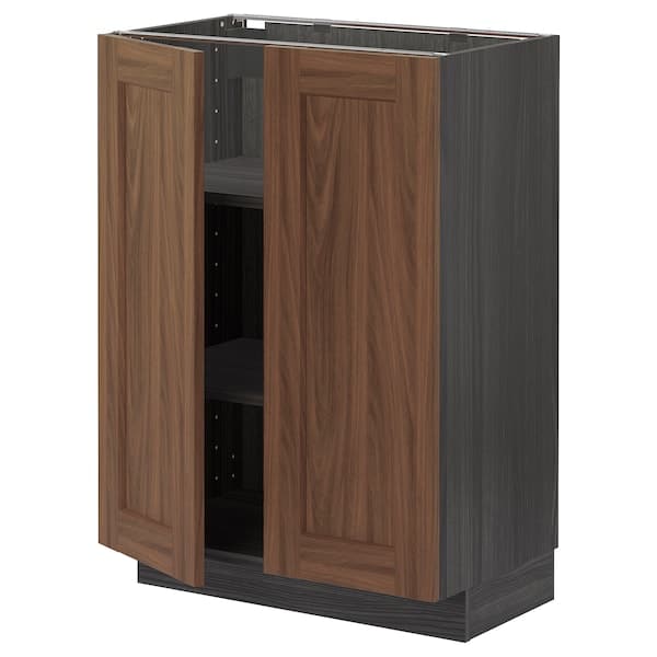 METOD - Base cabinet with shelves/2 doors, black Enköping/brown walnut effect, 60x37 cm - best price from Maltashopper.com 79476306