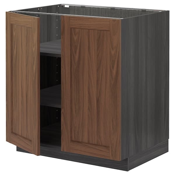 METOD - Base cabinet with shelves/2 doors, black Enköping/brown walnut effect, 80x60 cm - best price from Maltashopper.com 89476297