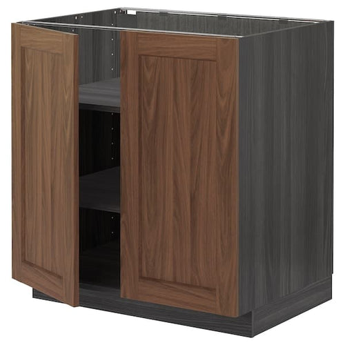 METOD - Base cabinet with shelves/2 doors, black Enköping/brown walnut effect, 80x60 cm