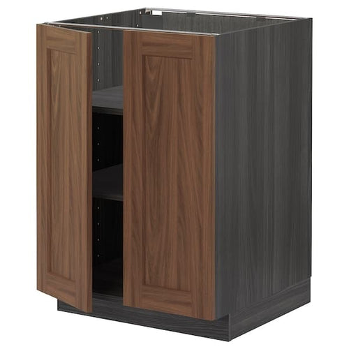METOD - Base cabinet with shelves/2 doors, black Enköping/brown walnut effect, 60x60 cm