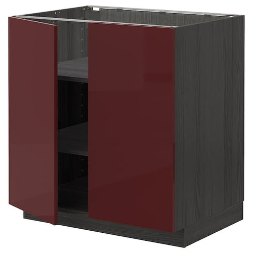 METOD - Base cabinet with shelves/2 doors, black Kallarp/high-gloss dark red-brown, 80x60 cm