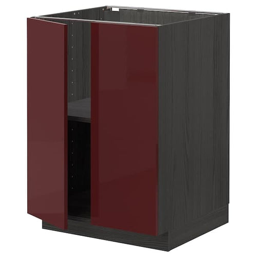 METOD - Base cabinet with shelves/2 doors, black Kallarp/high-gloss dark red-brown, 60x60 cm
