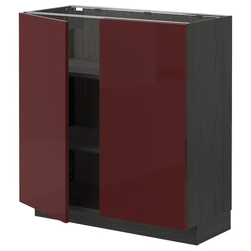 METOD - Base cabinet with shelves/2 doors, black Kallarp/high-gloss dark red-brown, 80x37 cm