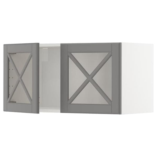 Ikea METOD - Wall cabinet w 2 glass dr/crossbar., white/Bodbyn grey, 80x40 cm