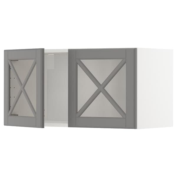 METOD - Wall cabinet w 2 glass dr/crossbar., white/Bodbyn grey, 80x40 cm