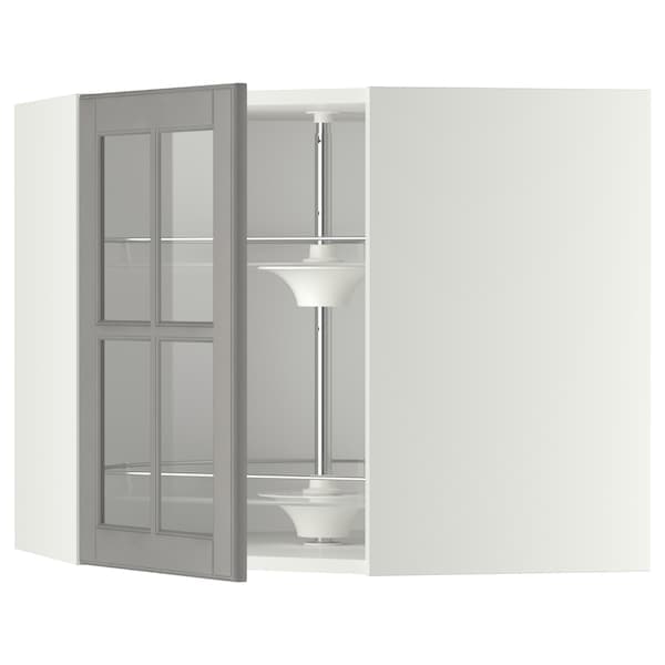 METOD - Corner wall cab w carousel/glass dr, white/Bodbyn grey, 68x60 cm