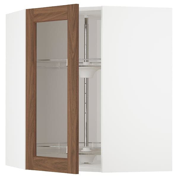 Ikea METOD - Corner wall cab w carousel/glass dr, white Enköping/brown walnut effect, 68x80 cm
