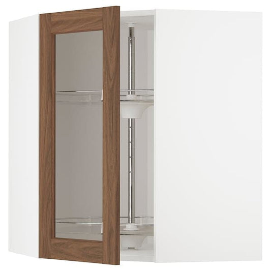 Ikea METOD - Corner wall cab w carousel/glass dr, white Enköping/brown walnut effect, 68x80 cm